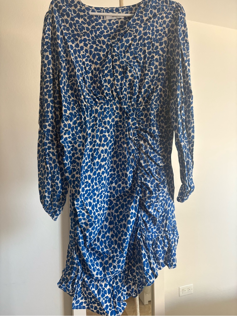 Mango Blue and White Printed Long Sleeve Ruched Dress